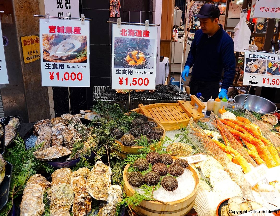 Japan, Osaka, Kuromon Market, Austern und Seeigel