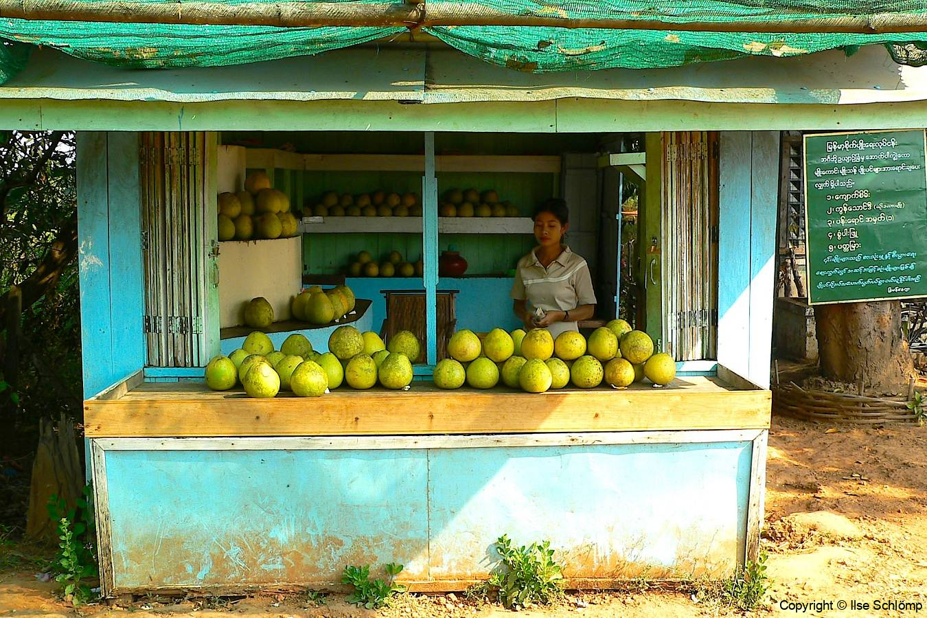 Myanmar, Unterwegs auf dem Weg nach Bago, Pomelo-Verkaufsstand