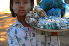 Myanmar, Während unser Bus betankt wird, werden uns Kleinigkeiten zum Verkauf angeboten, wie Erdnüsse und Wachteleier