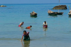 Myanmar, Ngapali Beach, Restliche Fische aus dem Fang werden aus dem Meer gesucht