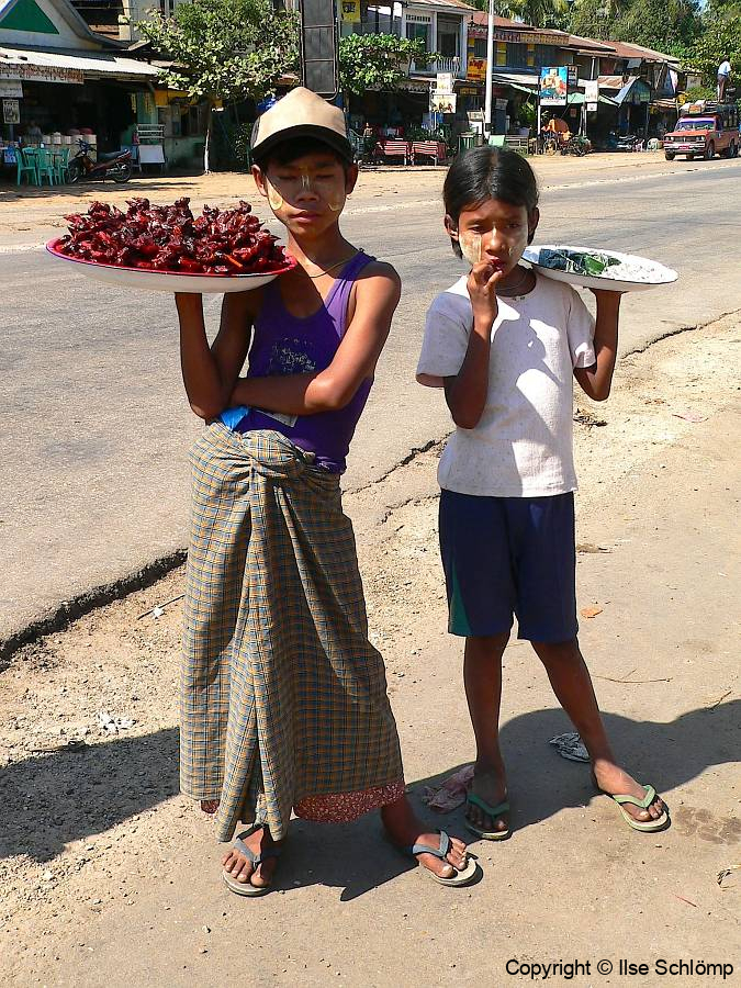Myanmar, Pyay, Unterwegs werden Wachteln zum Verkauf angeboten
